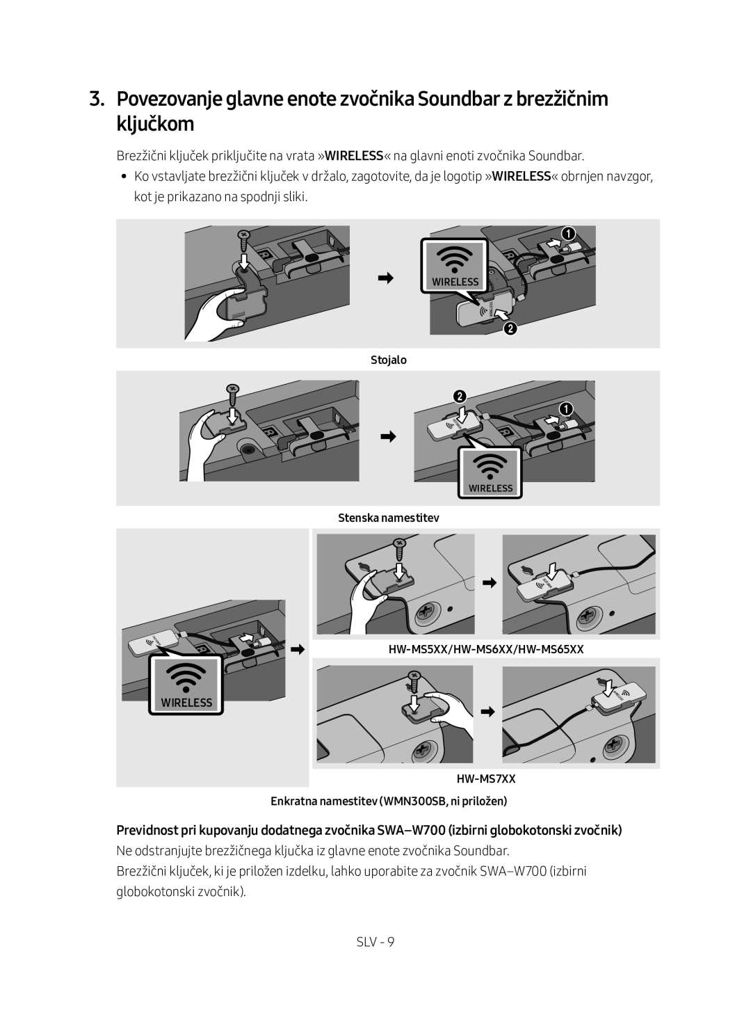 Samsung SWA-9000S/EN manual Stojalo, Stenska namestitev, Enkratna namestitev WMN300SB, ni priložen 