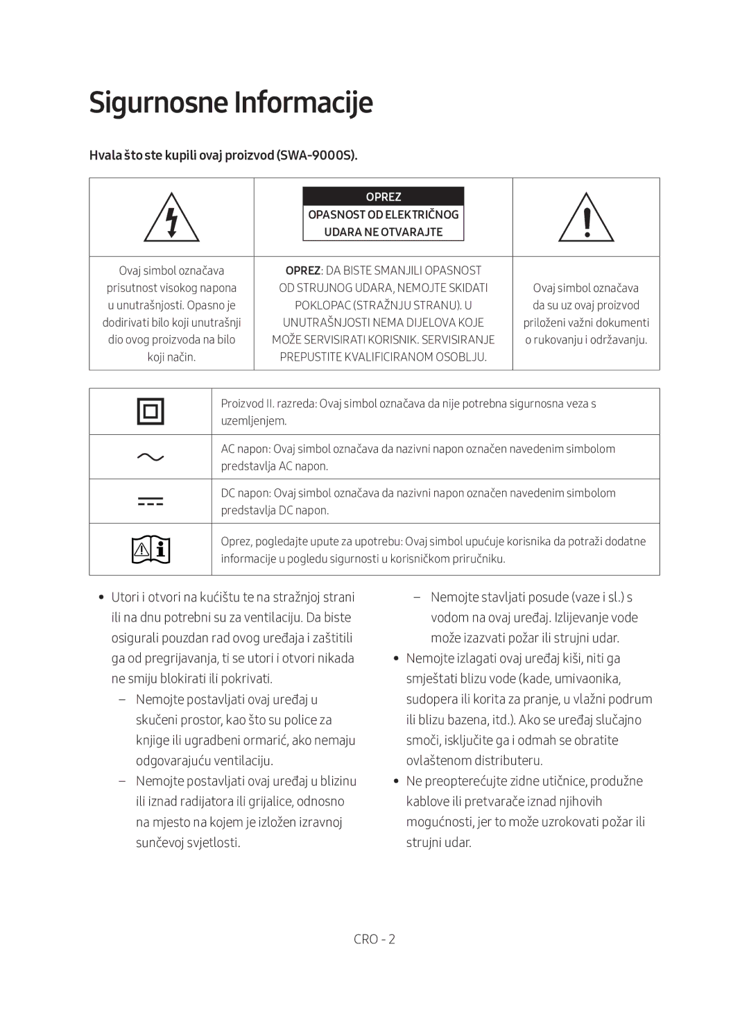 Samsung SWA-9000S/EN manual Sigurnosne Informacije, Hvala što ste kupili ovaj proizvod SWA-9000S 