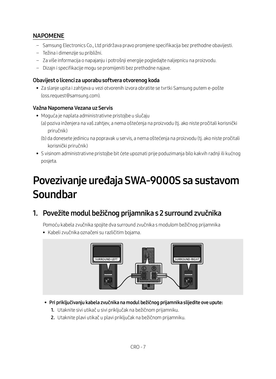 Samsung SWA-9000S/EN manual Povezivanje uređaja SWA-9000S sa sustavom Soundbar, Napomene, Važna Napomena Vezana uz Servis 