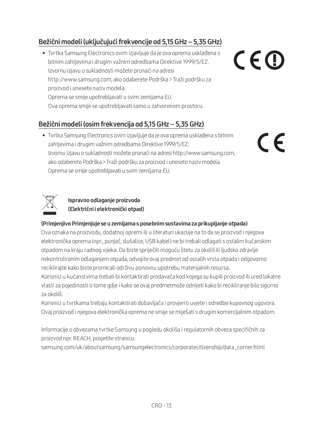 Samsung SWA-9000S/EN manual Bežični modeli uključujući frekvencije od 5,15 GHz 5,35 GHz 