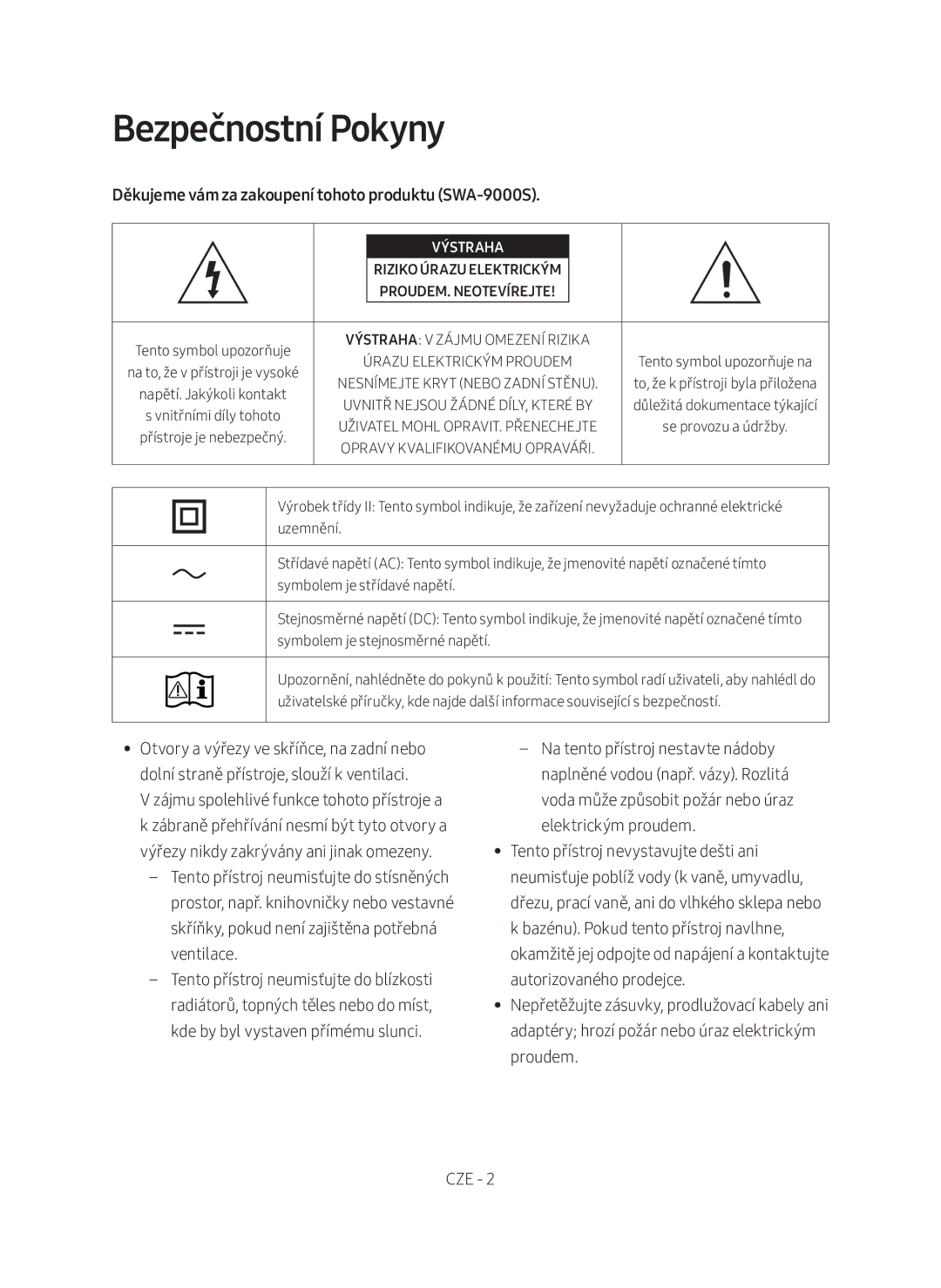 Samsung SWA-9000S/EN manual Bezpečnostní Pokyny, Děkujeme vám za zakoupení tohoto produktu SWA-9000S 