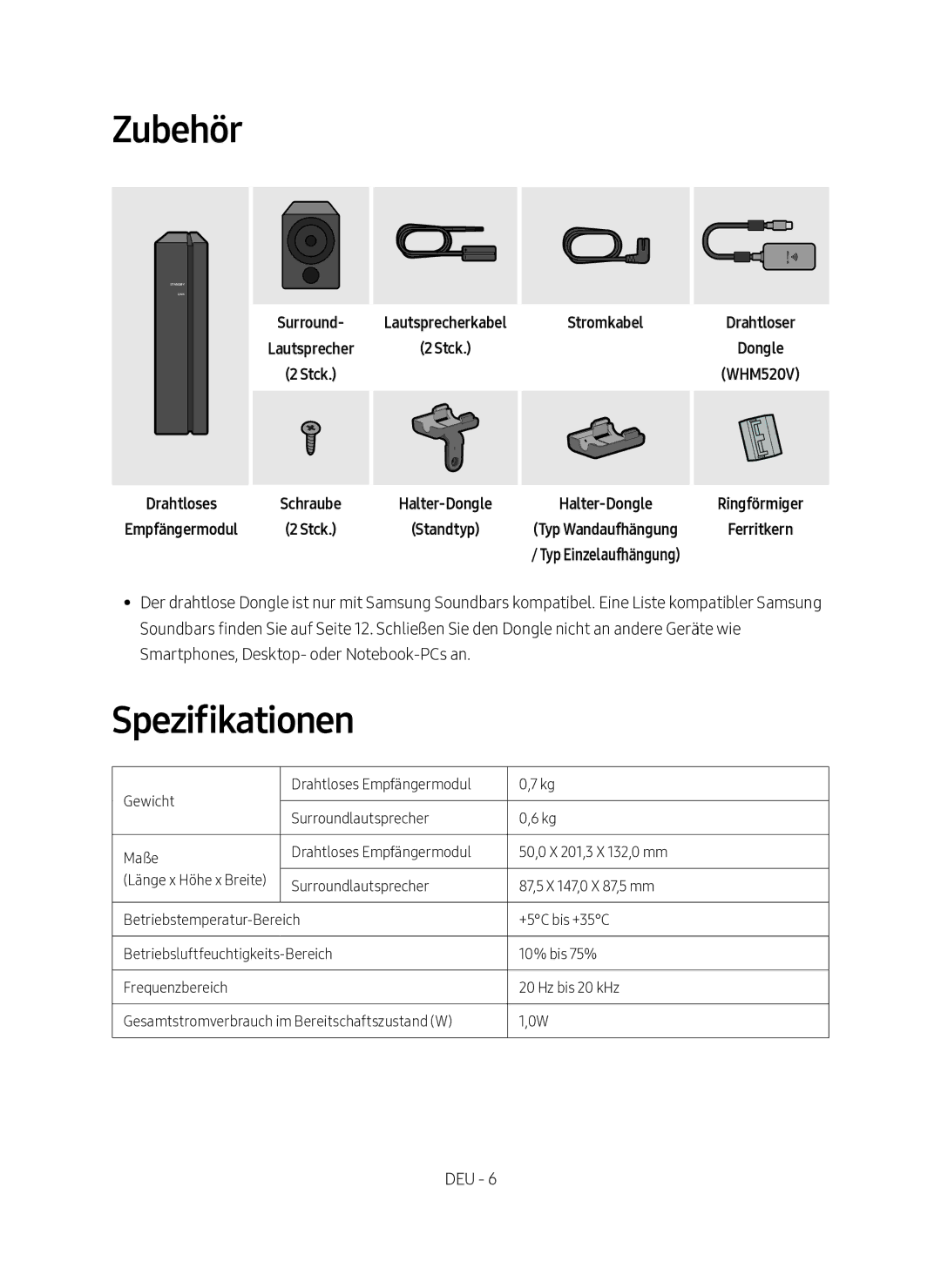 Samsung SWA-9000S/EN manual Zubehör, Spezifikationen, Drahtloses Empfängermodul 