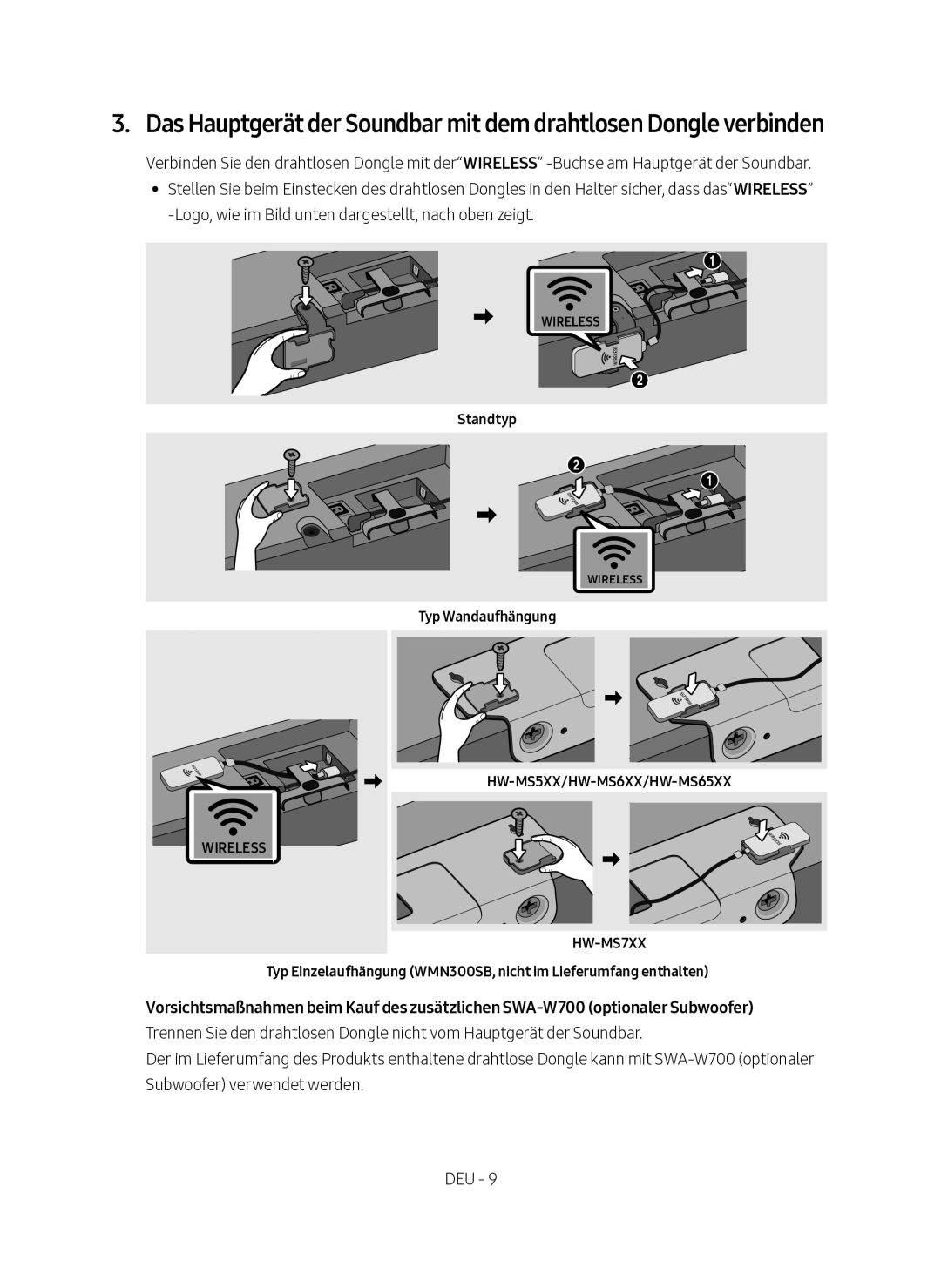 Samsung SWA-9000S/EN manual Standtyp, Typ Wandaufhängung 