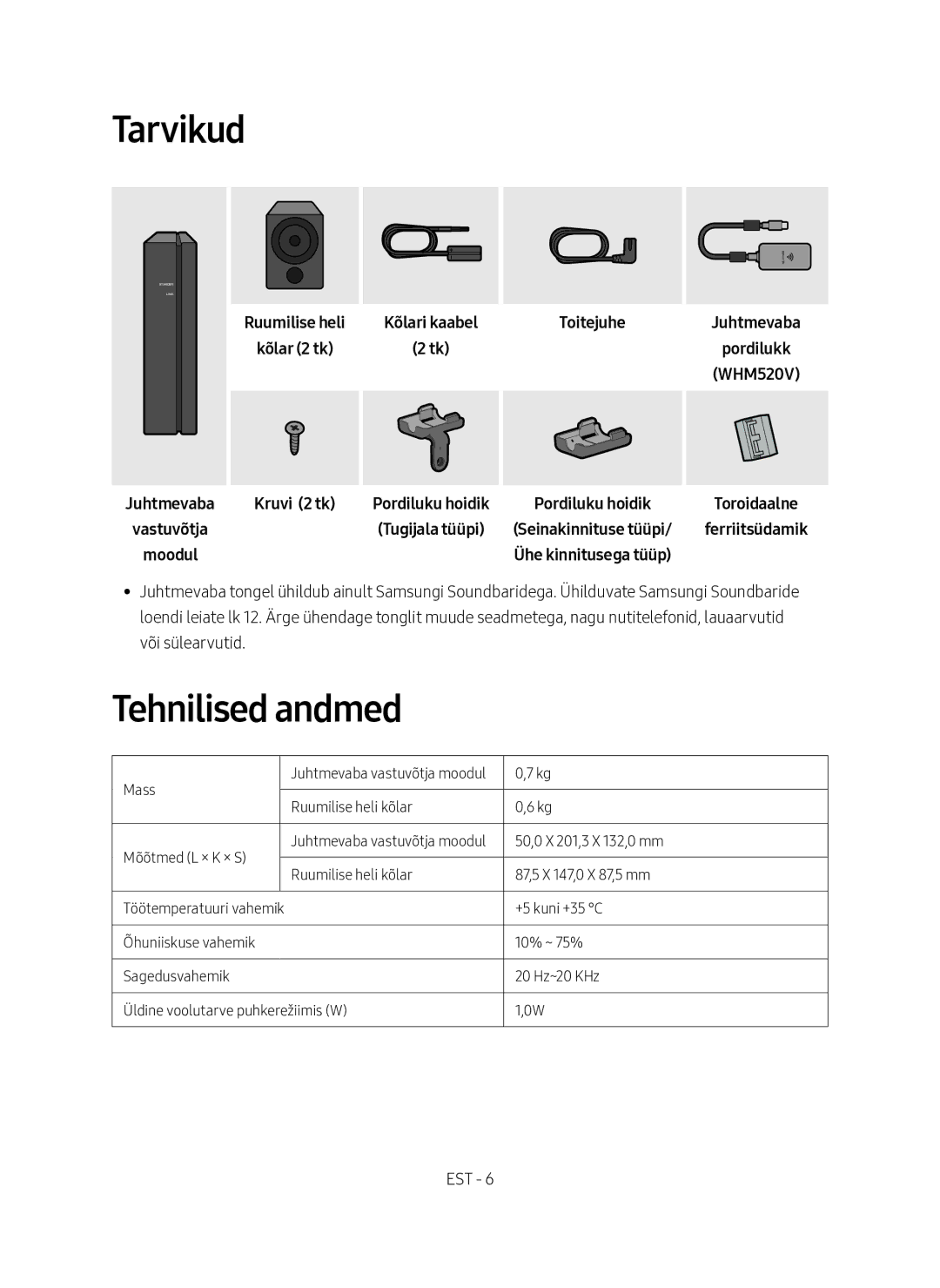 Samsung SWA-9000S/EN manual Tarvikud, Tehnilised andmed, Juhtmevaba Vastuvõtja Moodul, Kruvi 2 tk 