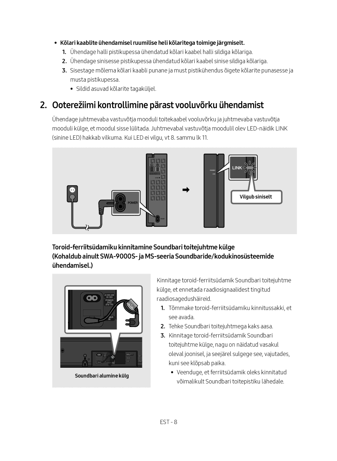 Samsung SWA-9000S/EN manual Ooterežiimi kontrollimine pärast vooluvõrku ühendamist, Vilgub siniselt, Soundbari alumine külg 