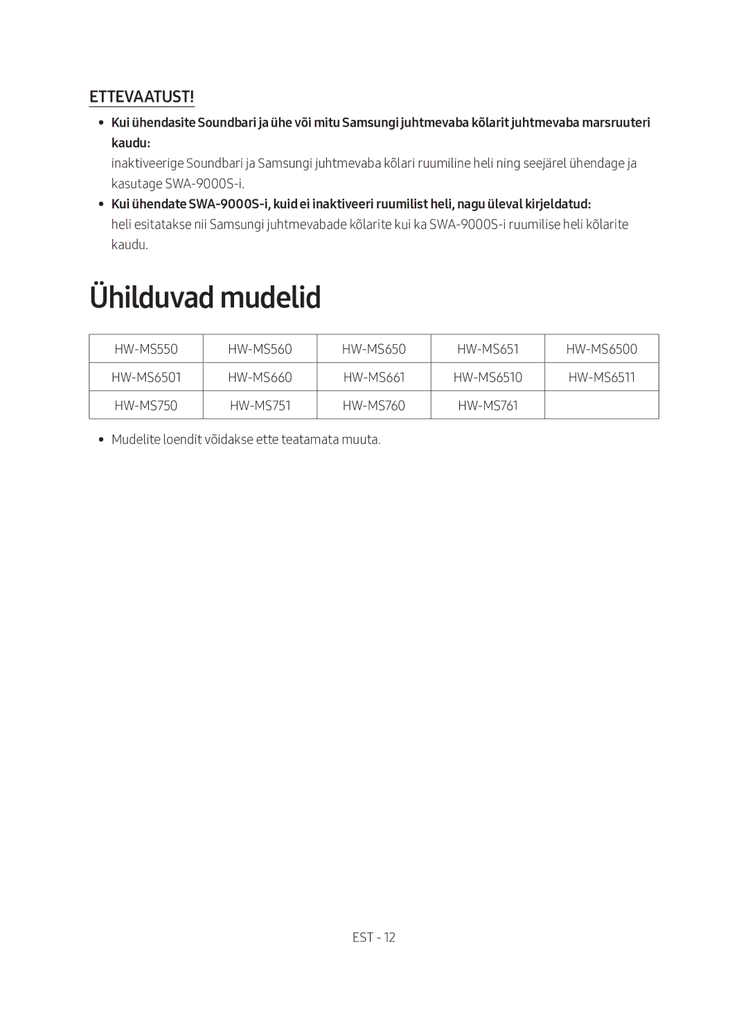 Samsung SWA-9000S/EN manual Ühilduvad mudelid, Ettevaatust 