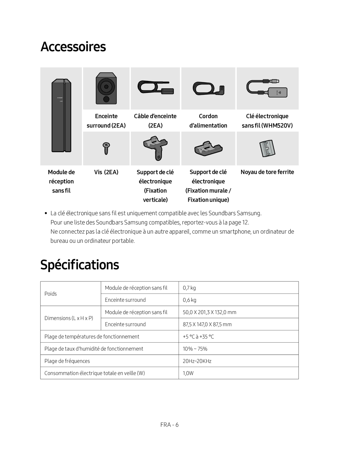 Samsung SWA-9000S/EN manual Accessoires, Spécifications, Sans fil Vis 2EA 