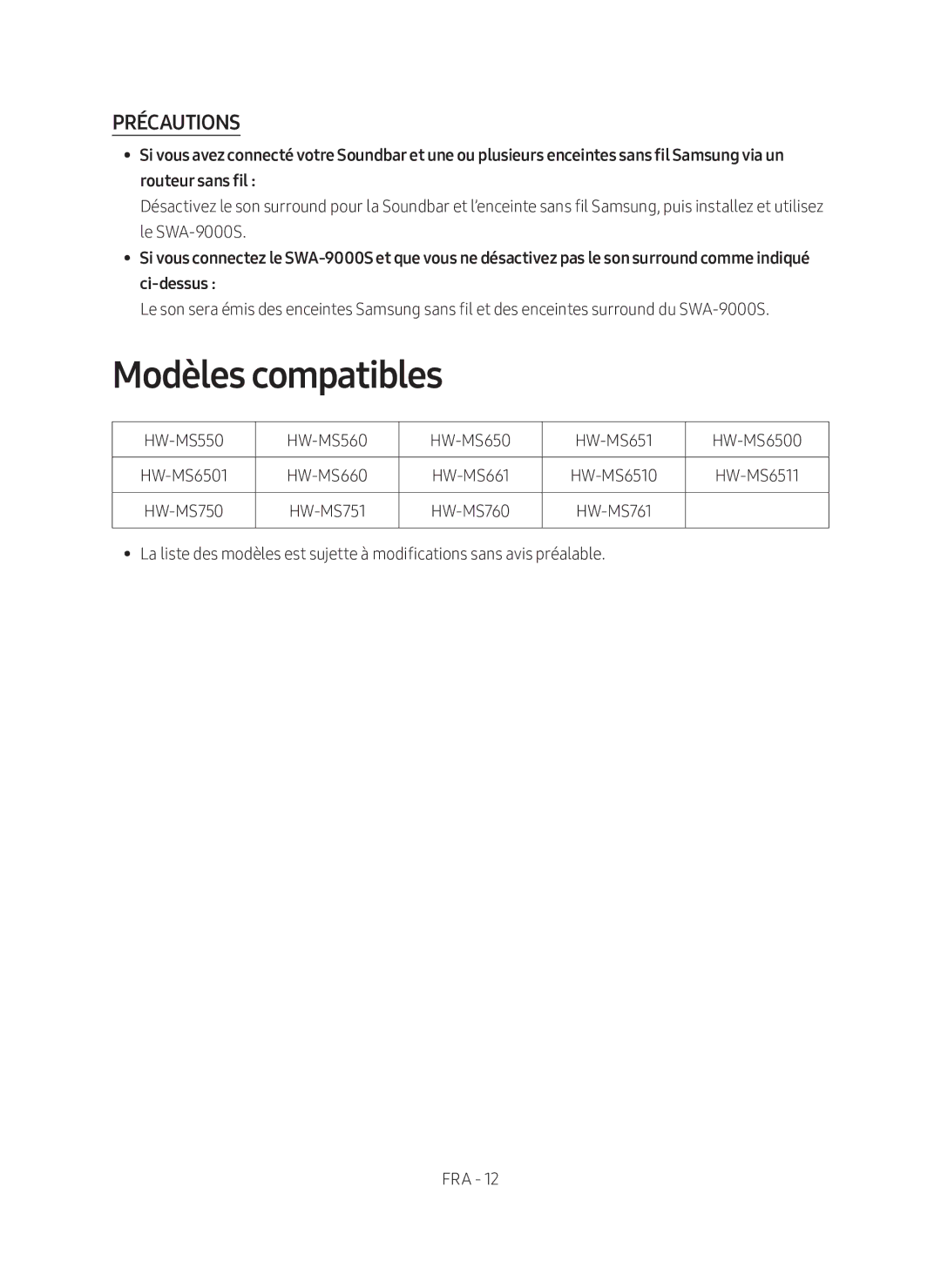 Samsung SWA-9000S/EN manual Modèles compatibles, Précautions, Ci-dessus 