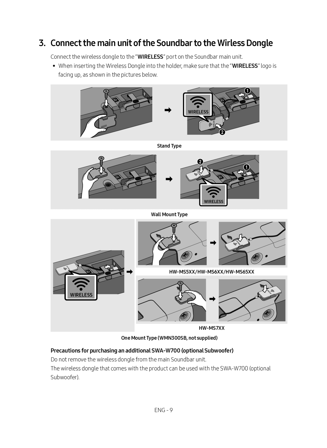 Samsung SWA-9000S/EN manual Connect the main unit of the Soundbar to the Wirless Dongle, Stand Type 