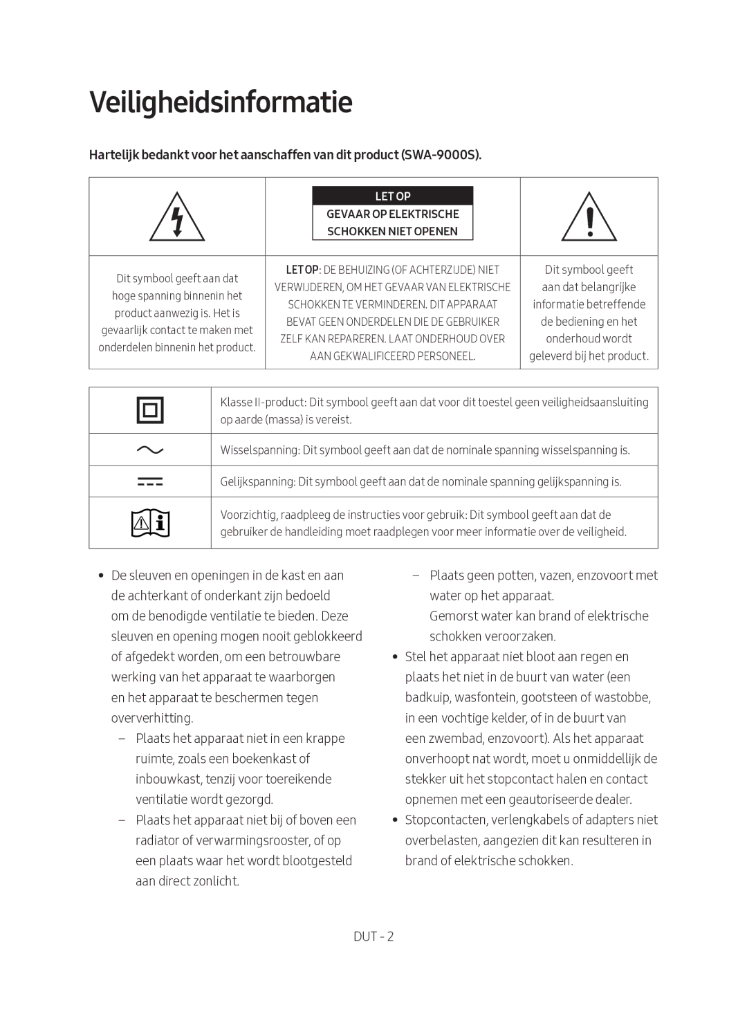 Samsung SWA-9000S/EN manual Veiligheidsinformatie, Let Op 