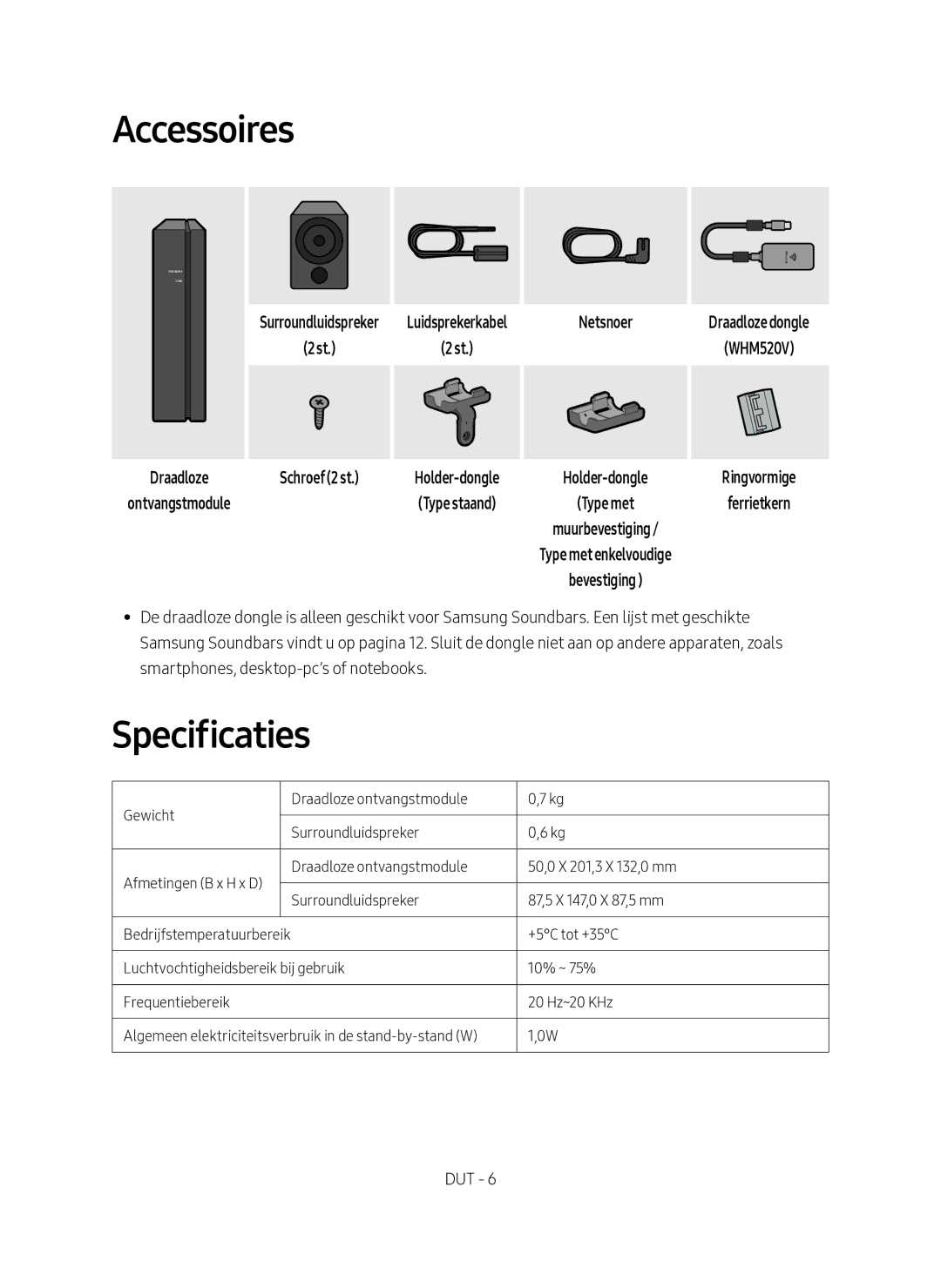 Samsung SWA-9000S/EN manual Accessoires, Specificaties 