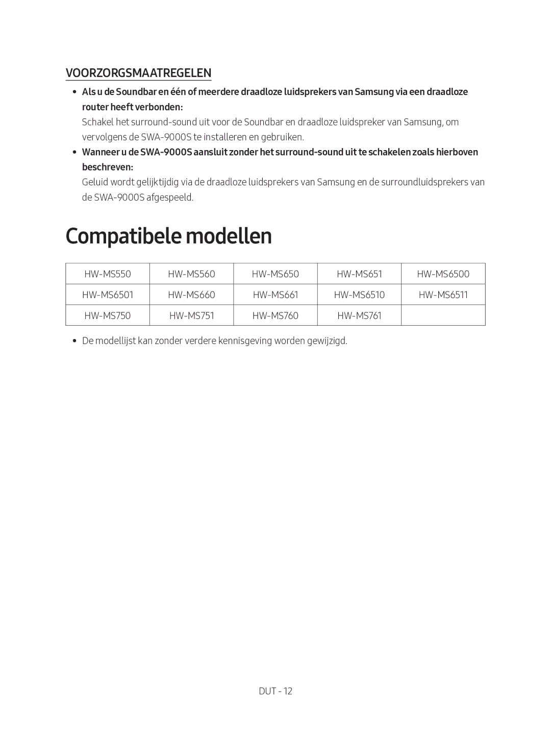 Samsung SWA-9000S/EN manual Compatibele modellen, Voorzorgsmaatregelen 