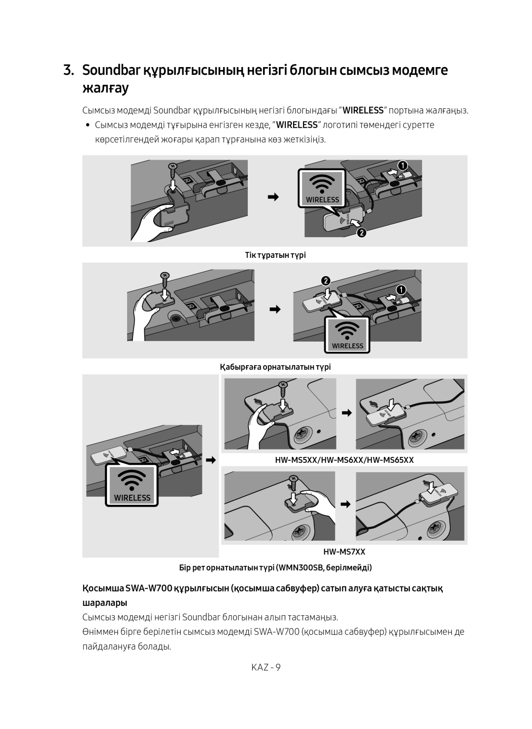 Samsung SWA-9000S/RU manual Soundbar құрылғысының негізгі блогын сымсыз модемге жалғау 
