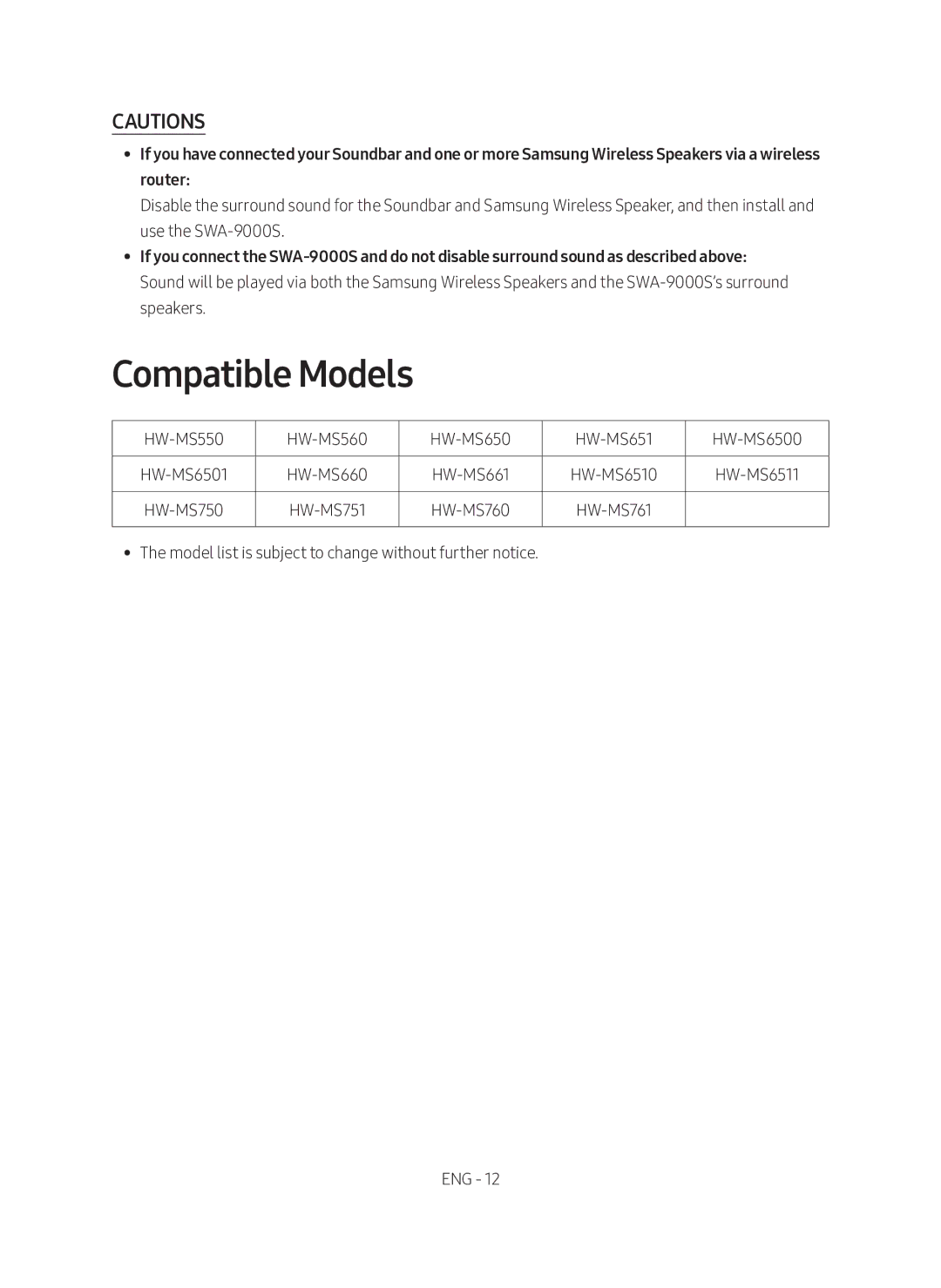 Samsung SWA-9000S/XE manual Compatible Models 