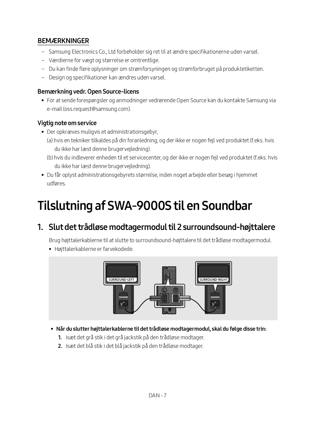 Samsung SWA-9000S/XE manual Tilslutning af SWA-9000S til en Soundbar, Bemærkninger 