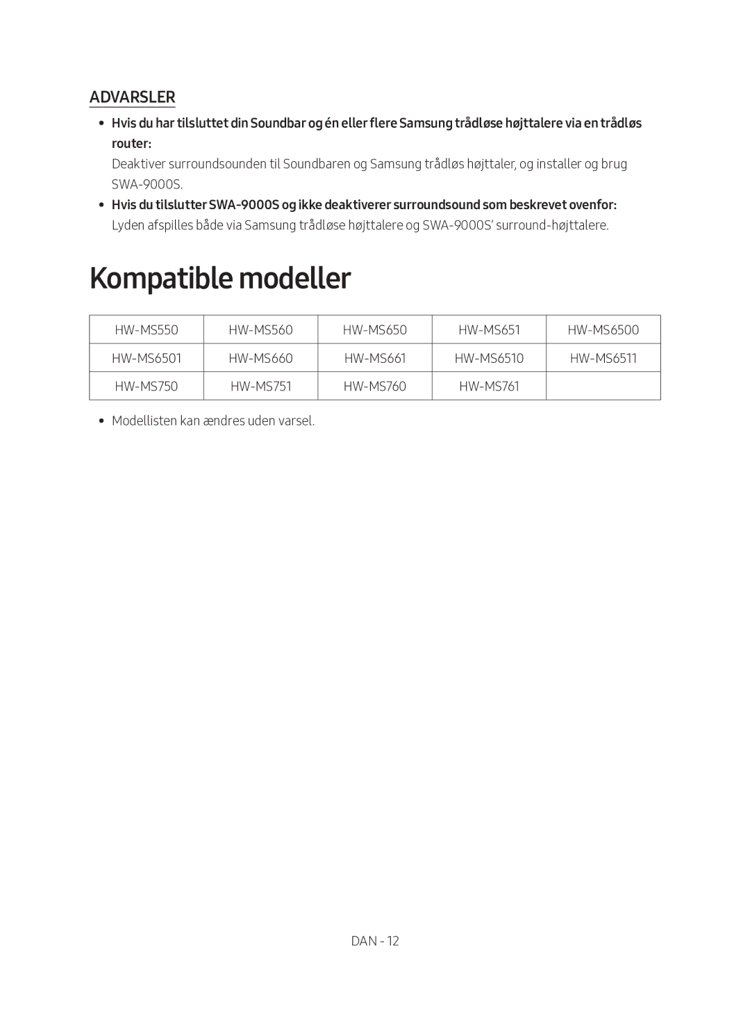 Samsung SWA-9000S/XE manual Kompatible modeller, Advarsler, Router 