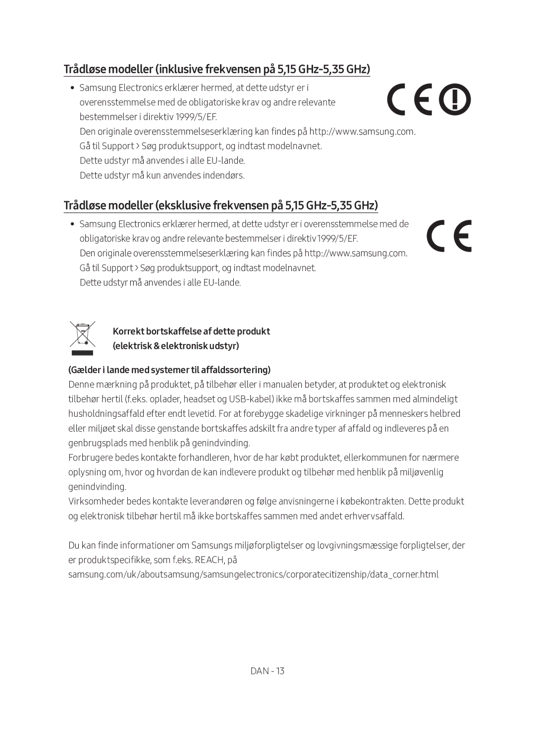 Samsung SWA-9000S/XE manual Trådløse modeller inklusive frekvensen på 5,15 GHz-5,35 GHz 