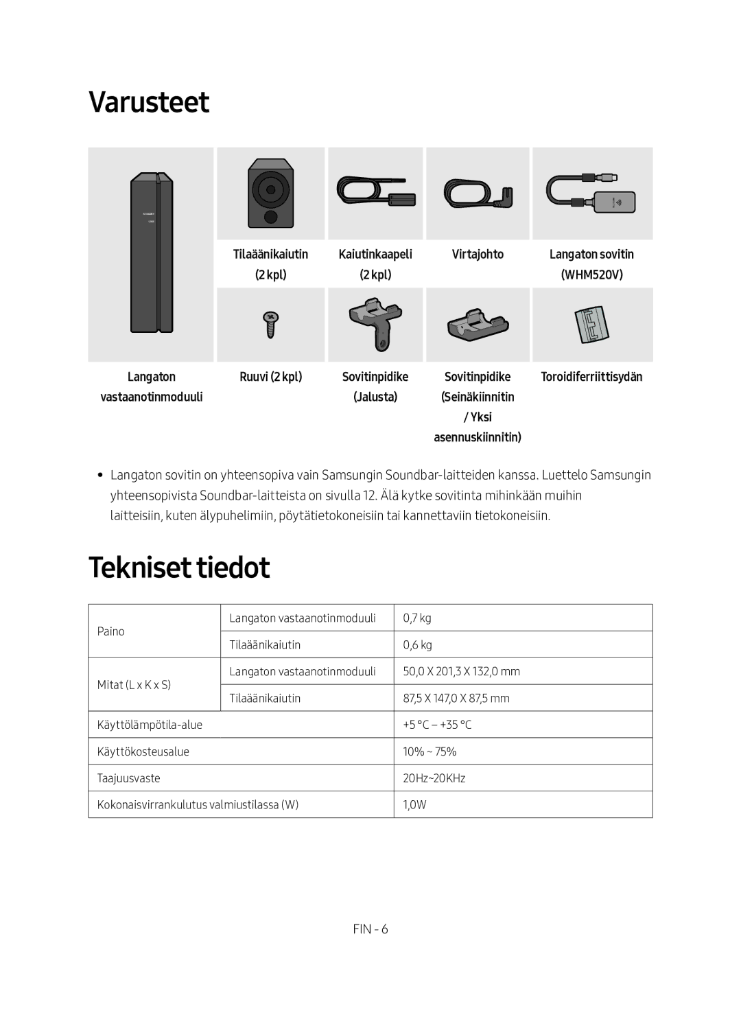 Samsung SWA-9000S/XE manual Varusteet, Tekniset tiedot, Virtajohto, Langaton Vastaanotinmoduuli Ruuvi 2 kpl 