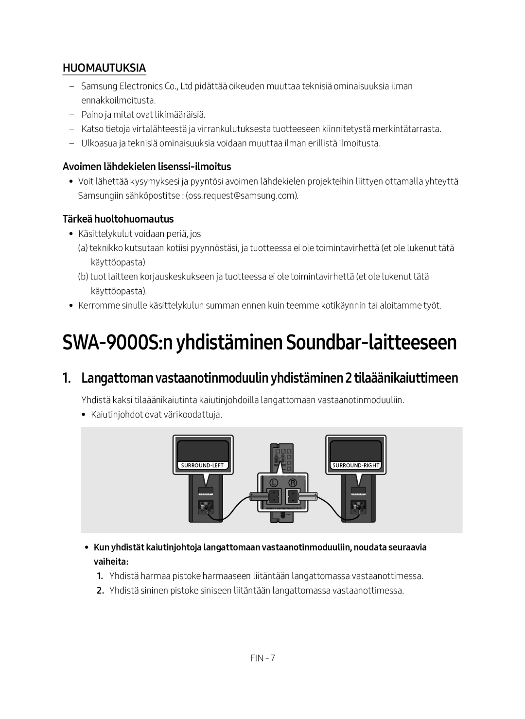 Samsung SWA-9000S/XE manual Huomautuksia, Avoimen lähdekielen lisenssi-ilmoitus 