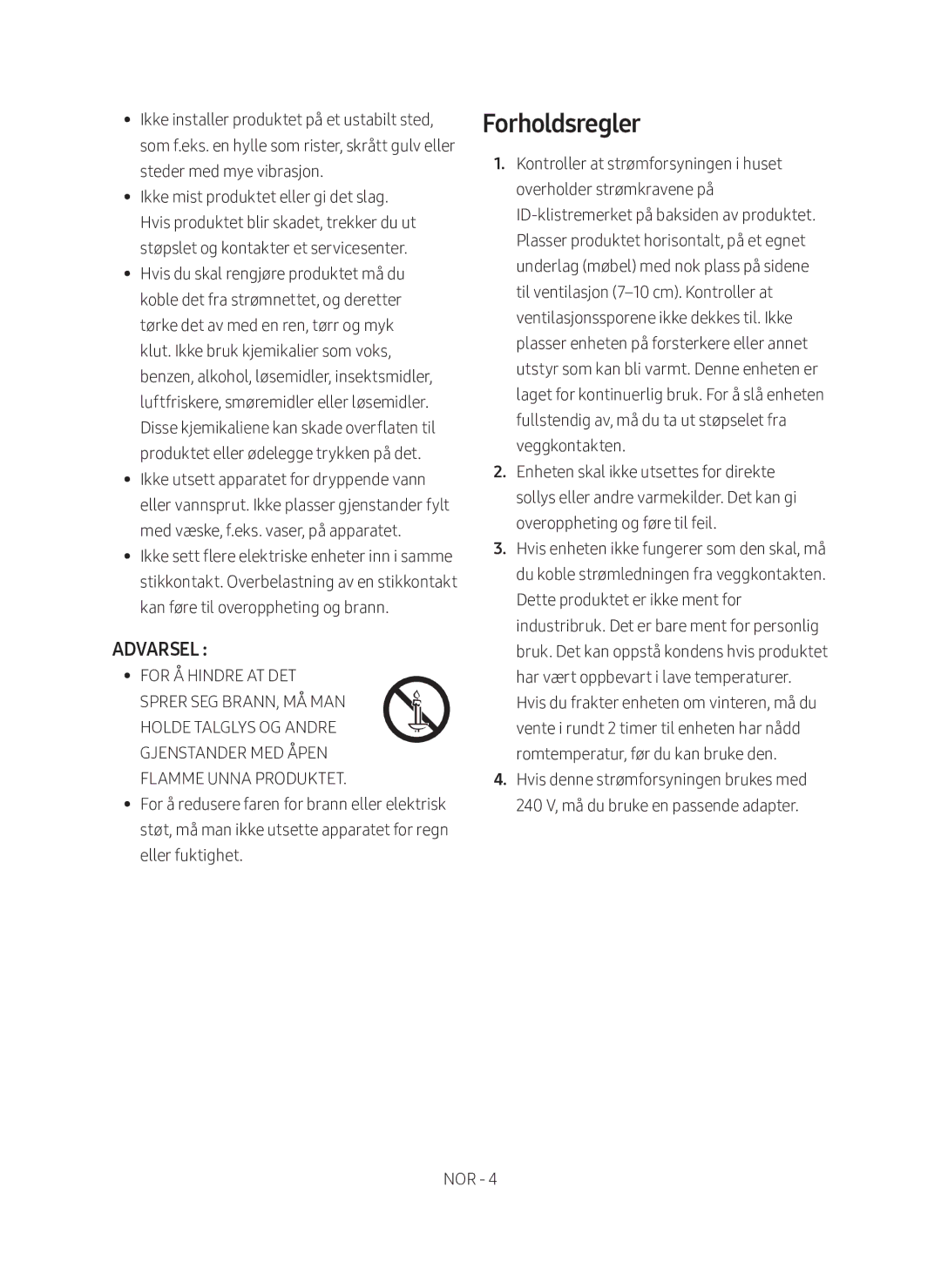 Samsung SWA-9000S/XE manual Forholdsregler 