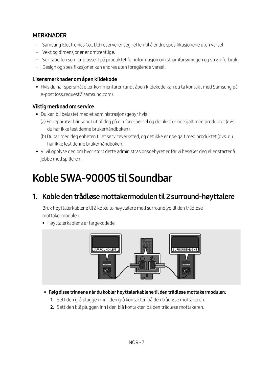 Samsung SWA-9000S/XE manual Koble SWA-9000S til Soundbar, Merknader 