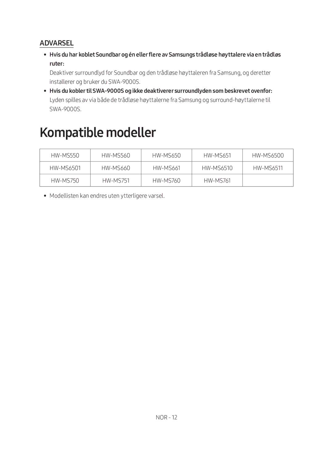 Samsung SWA-9000S/XE manual Modellisten kan endres uten ytterligere varsel NOR 