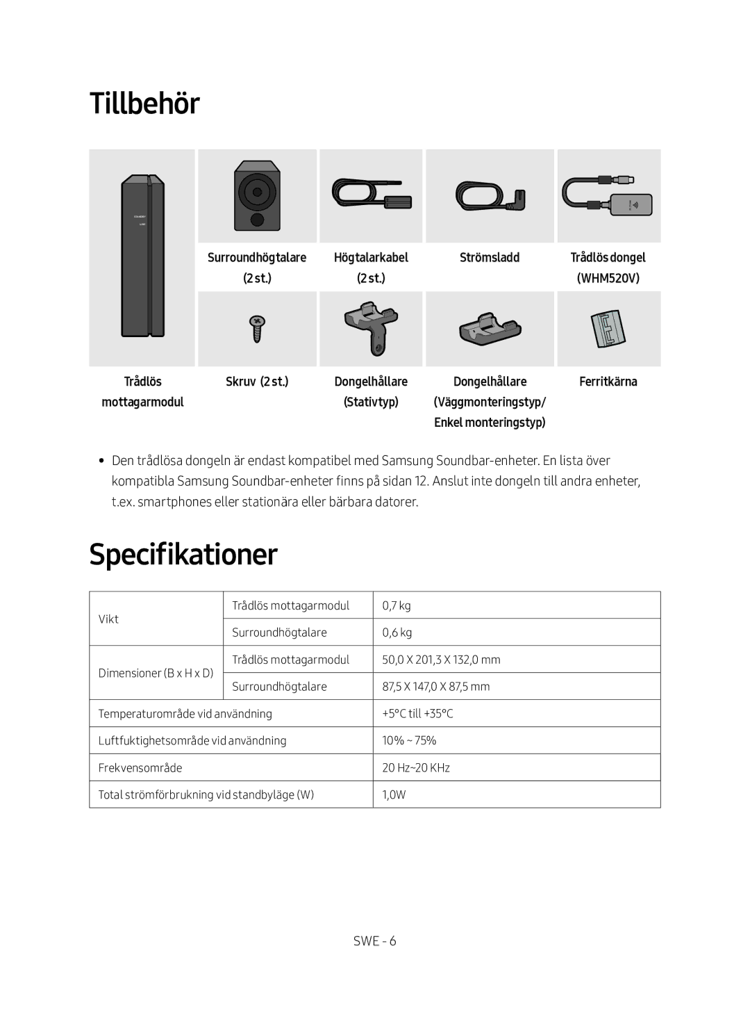 Samsung SWA-9000S/XE manual Tillbehör, Strömsladd, Trådlös Mottagarmodul Skruv 2 st 