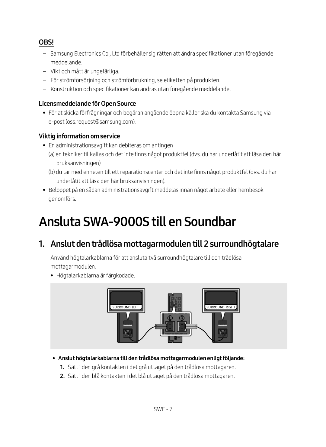 Samsung SWA-9000S/XE manual Ansluta SWA-9000S till en Soundbar, Obs 