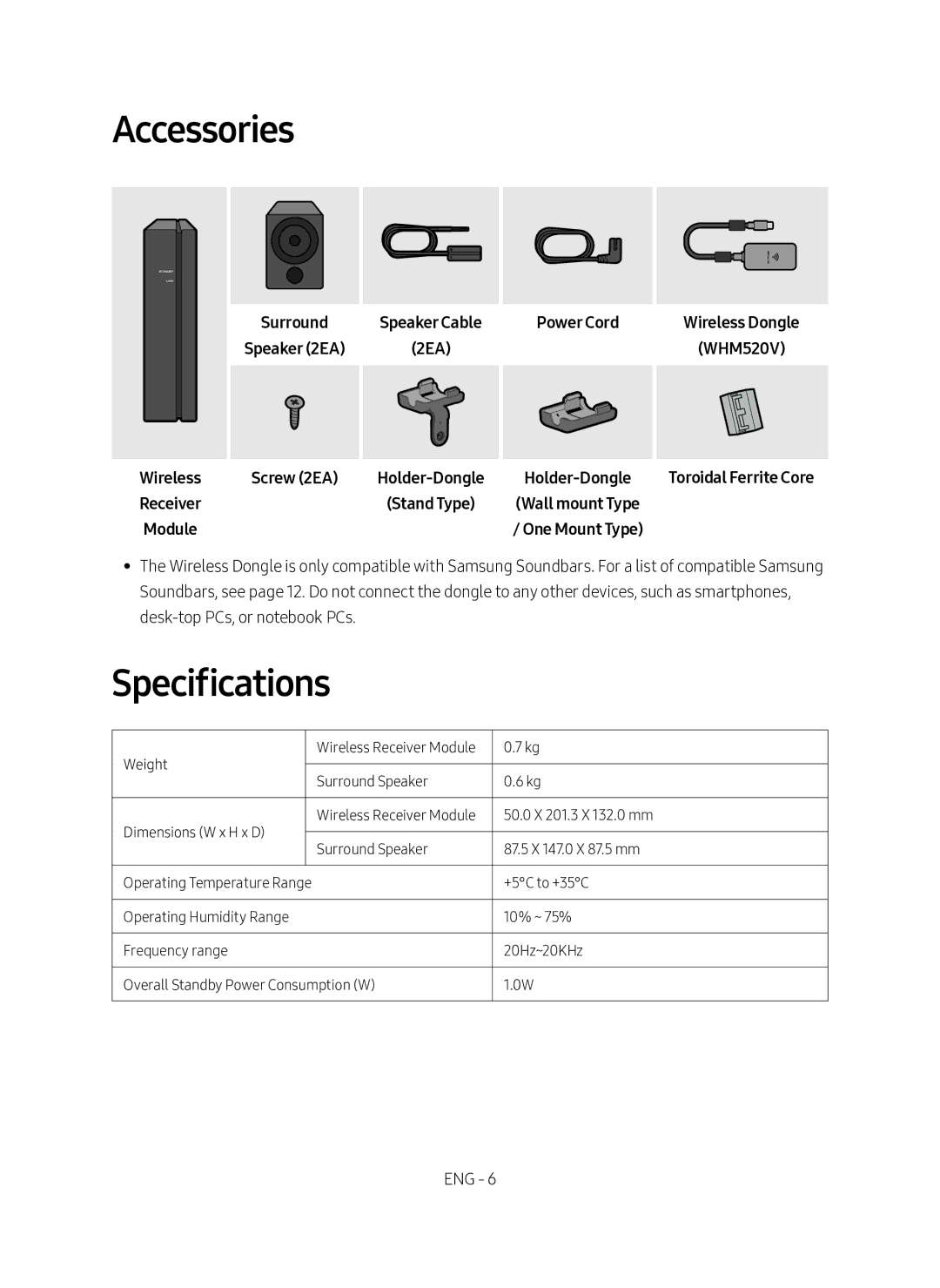 Samsung SWA-9000S/XE manual Accessories, Specifications, Power Cord, Wireless Receiver Module Screw 2EA 