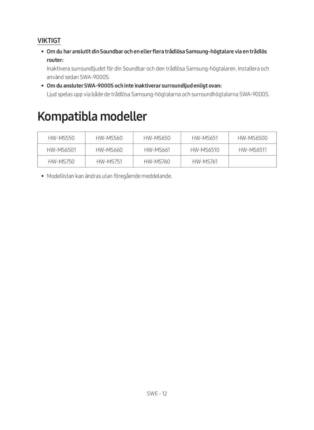 Samsung SWA-9000S/XE manual Kompatibla modeller, Viktigt 