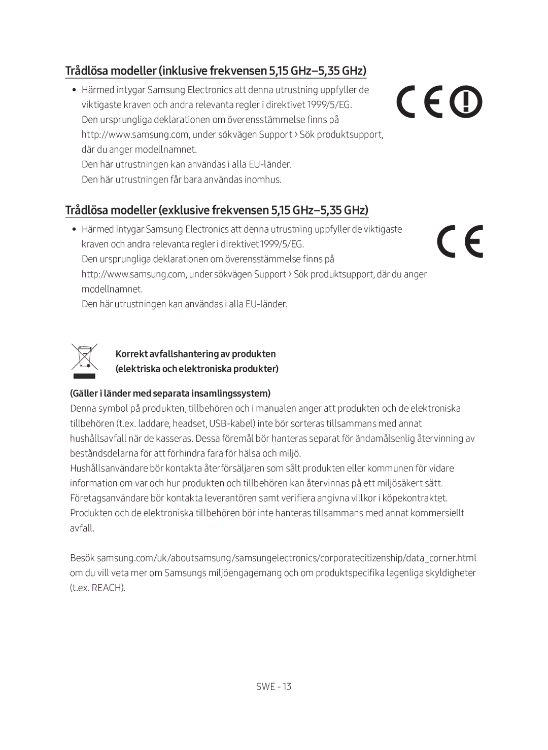 Samsung SWA-9000S/XE manual Trådlösa modeller inklusive frekvensen 5,15 GHz-5,35 GHz 