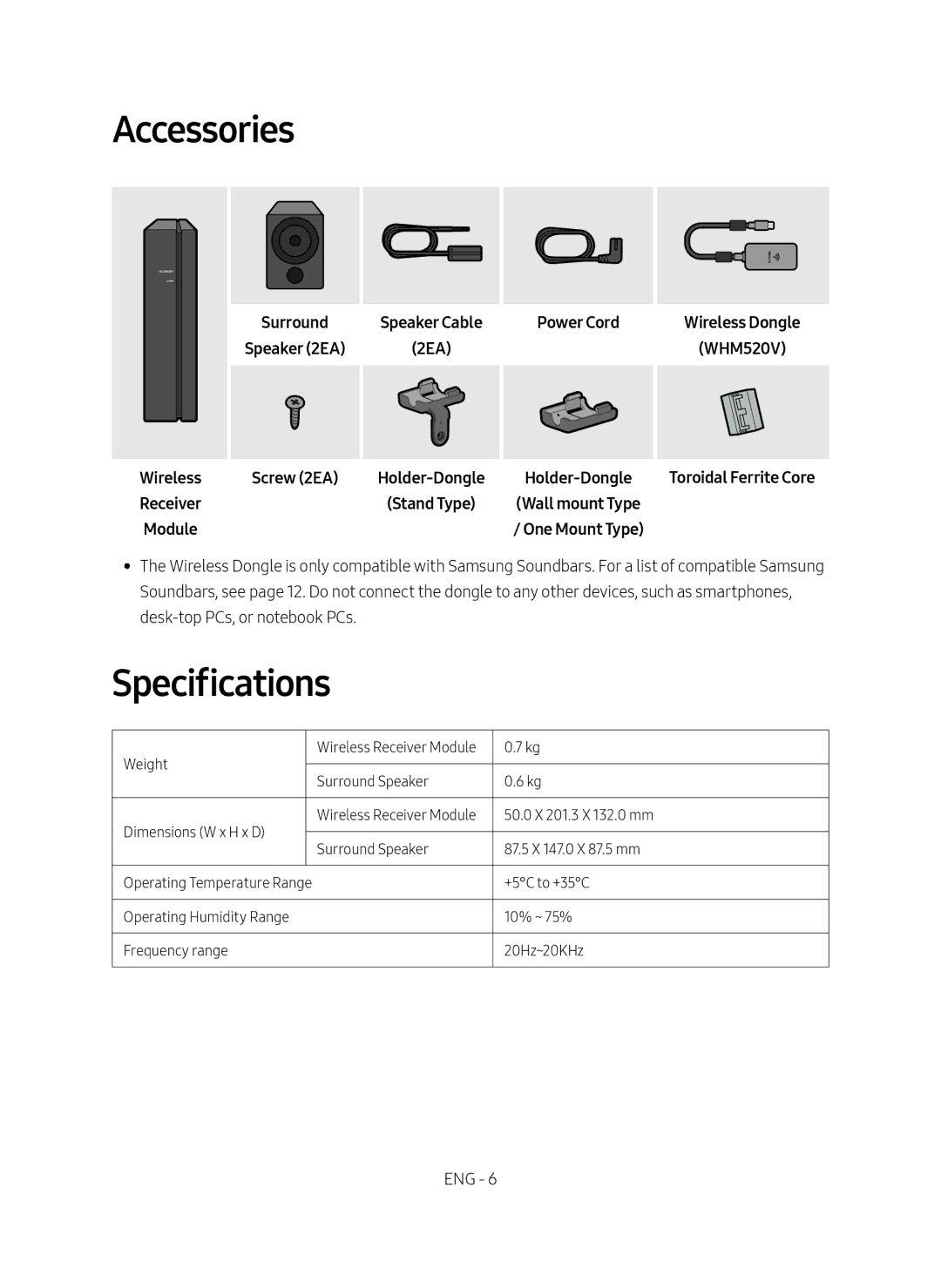 Samsung SWA-9000S/XV manual Accessories, Specifications, Power Cord, Wireless Receiver Module Screw 2EA 