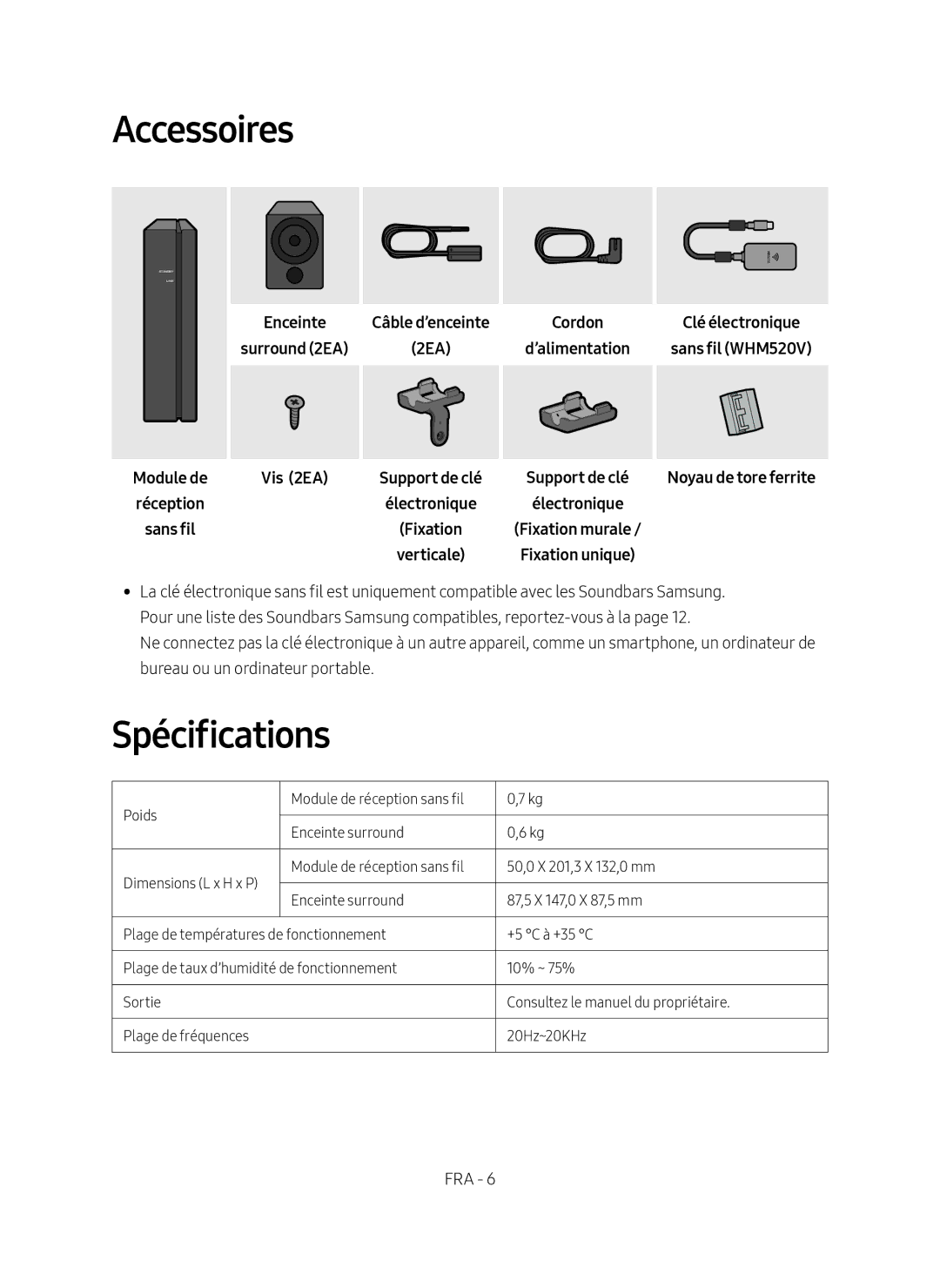 Samsung SWA-9000S/ZF manual Accessoires, Spécifications, Sans fil Vis 2EA 