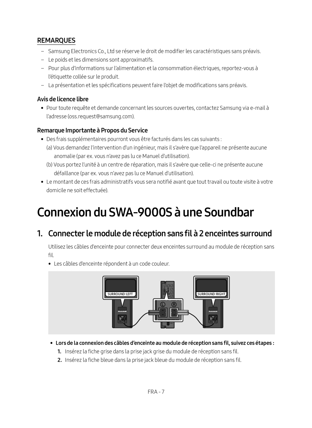 Samsung SWA-9000S/ZF manual Connexion du SWA-9000S à une Soundbar, Remarques 