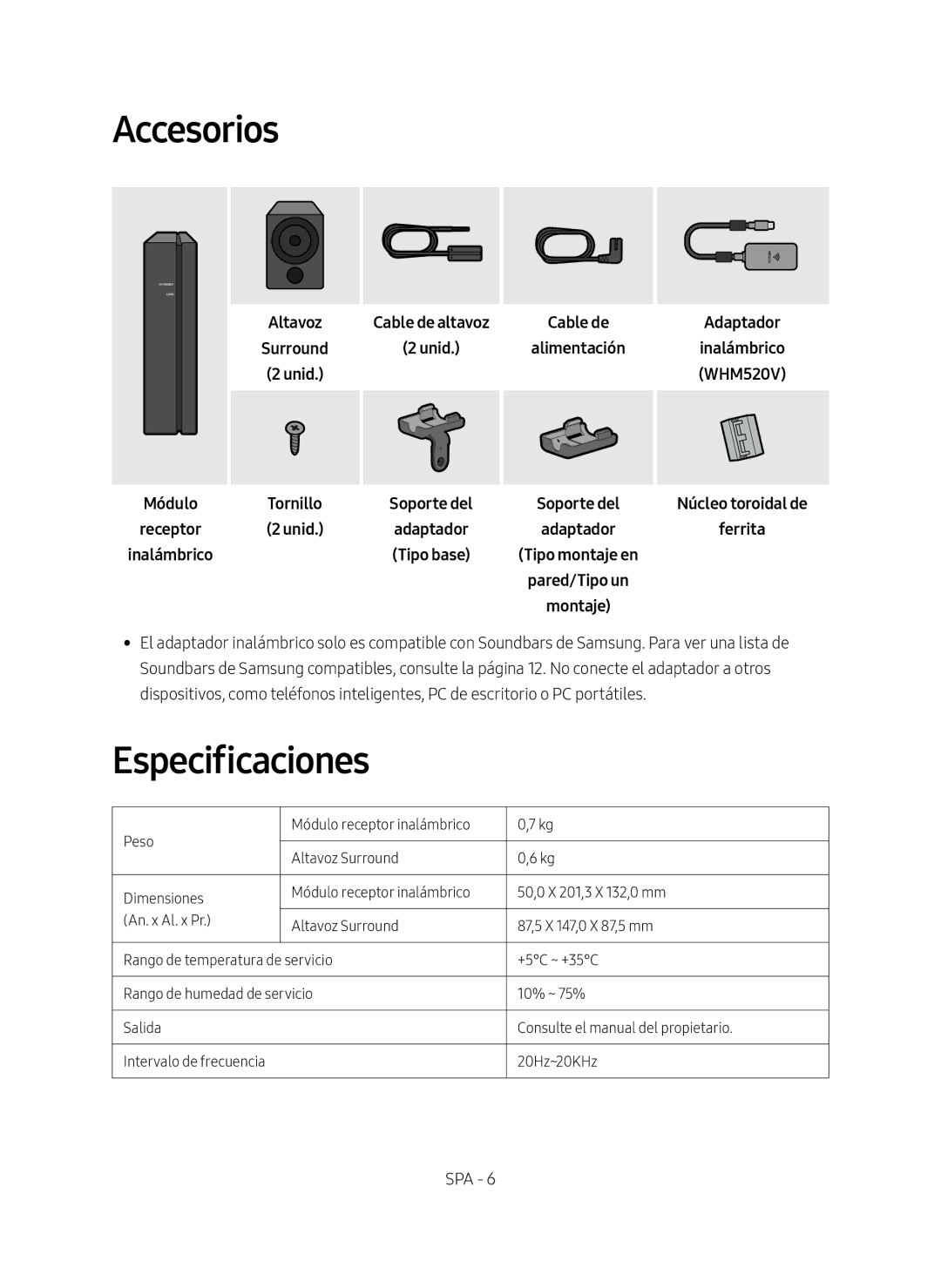 Samsung SWA-9000S/ZF manual Accesorios, Especificaciones, Módulo Receptor Inalámbrico, Tornillo 