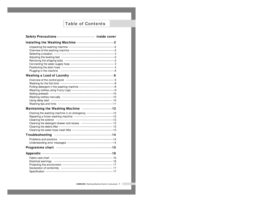 Samsung SWF-P12, SWF-P8, SWF-P10, SWF-P14 manual Table of Contents 