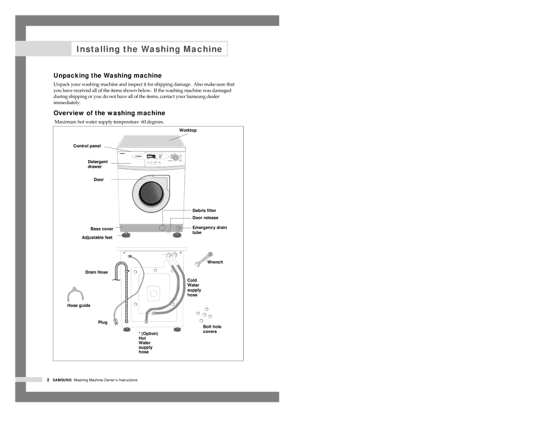 Samsung SWF-P8, SWF-P10 Installing the Washing Machine, Unpacking the Washing machine, Overview of the washing machine 