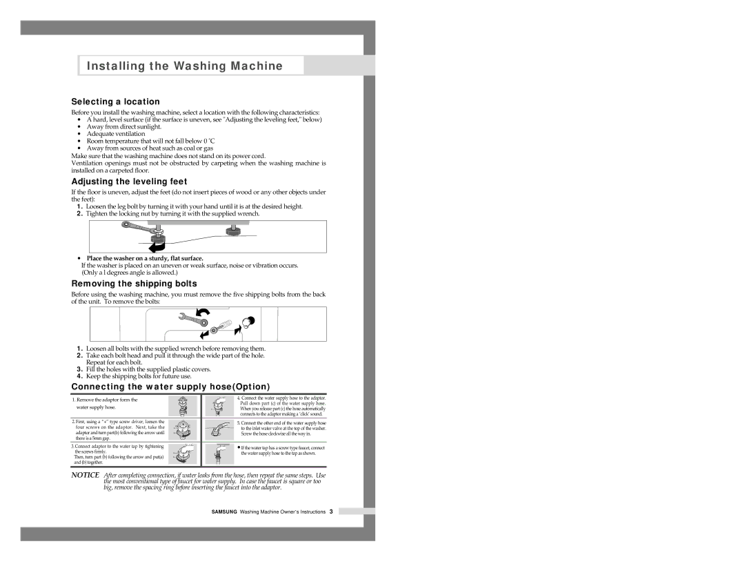 Samsung SWF-P10, SWF-P8, SWF-P14, SWF-P12 Selecting a location, Adjusting the leveling feet, Removing the shipping bolts 