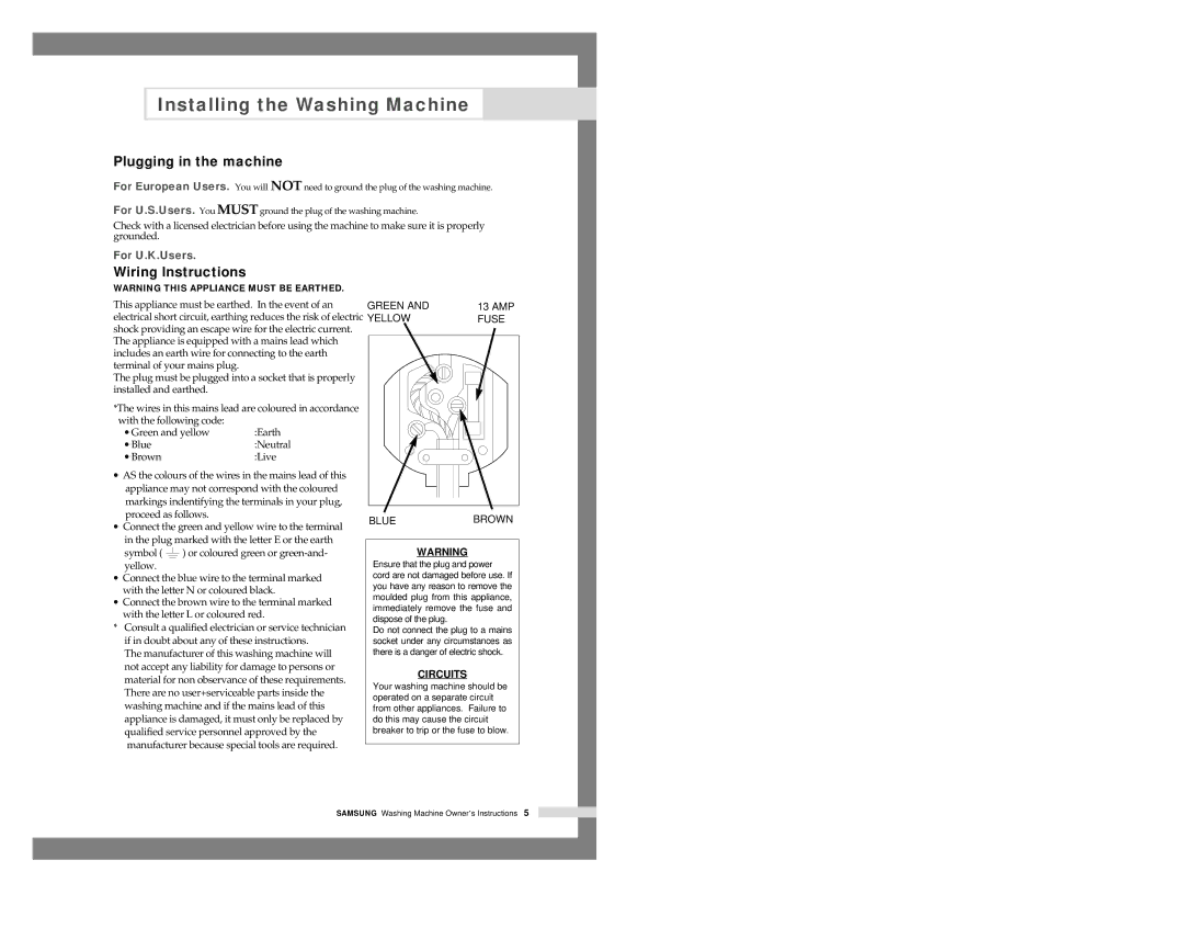 Samsung SWF-P12, SWF-P8, SWF-P10, SWF-P14 manual Plugging in the machine, Wiring lnstructions 