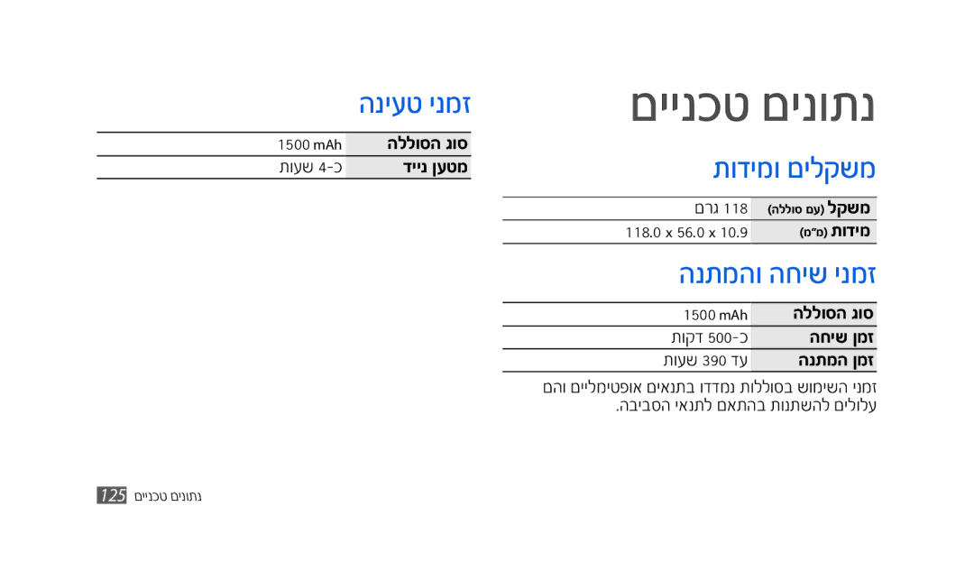 Samsung SWG-S8500BAPTR, SWG-S8500BACEL, GT-S8500HKAPTR, SWG-S8500HKPTR manual םיינכט םינותנ, תודימו םילקשמ, הנתמהו החיש ינמז 