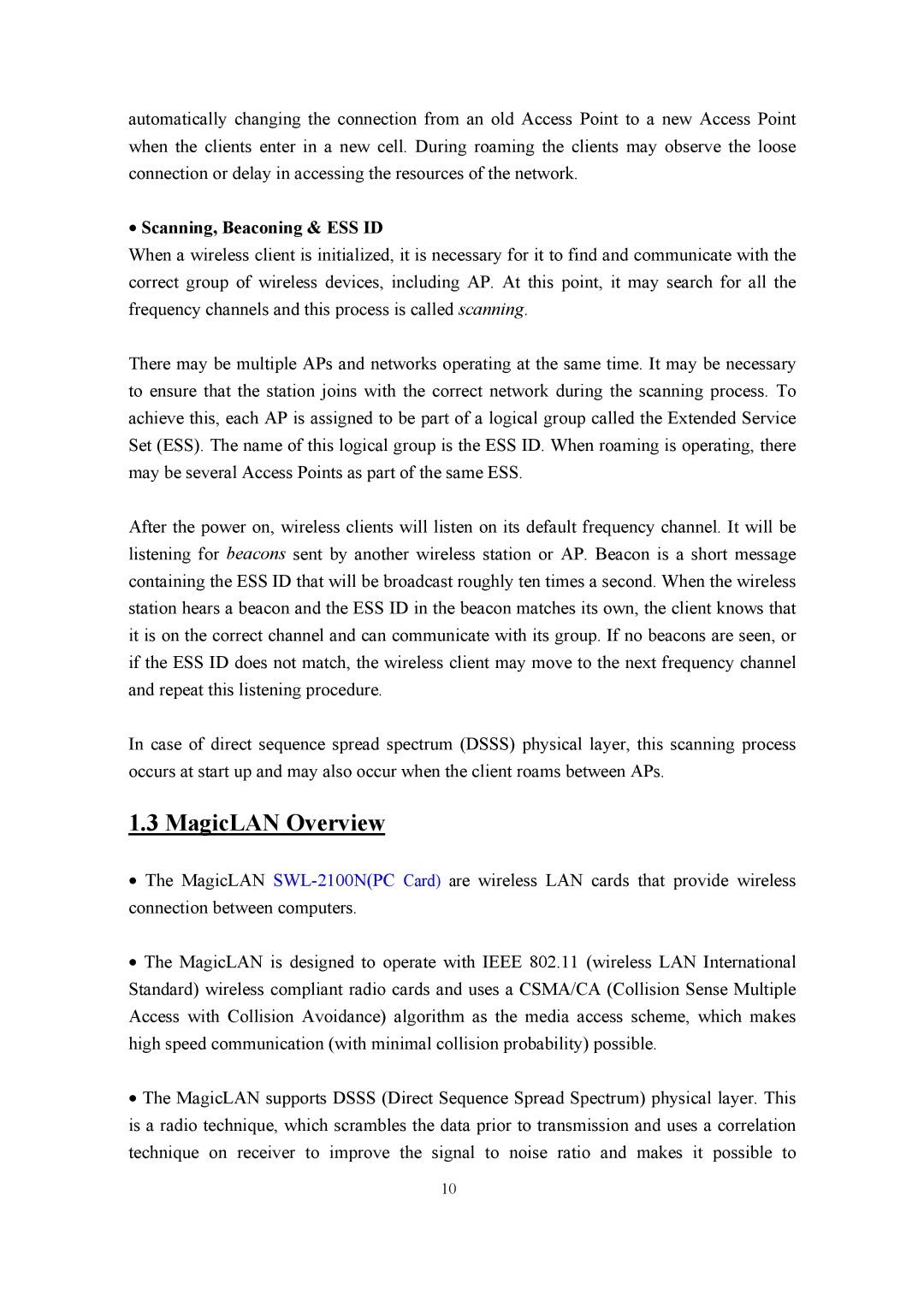 Samsung SWL-2100N user manual MagicLAN Overview, Scanning, Beaconing & ESS ID 