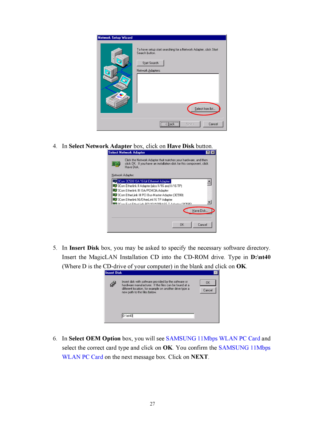 Samsung SWL-2100N user manual Select Network Adapter box, click on Have Disk button 