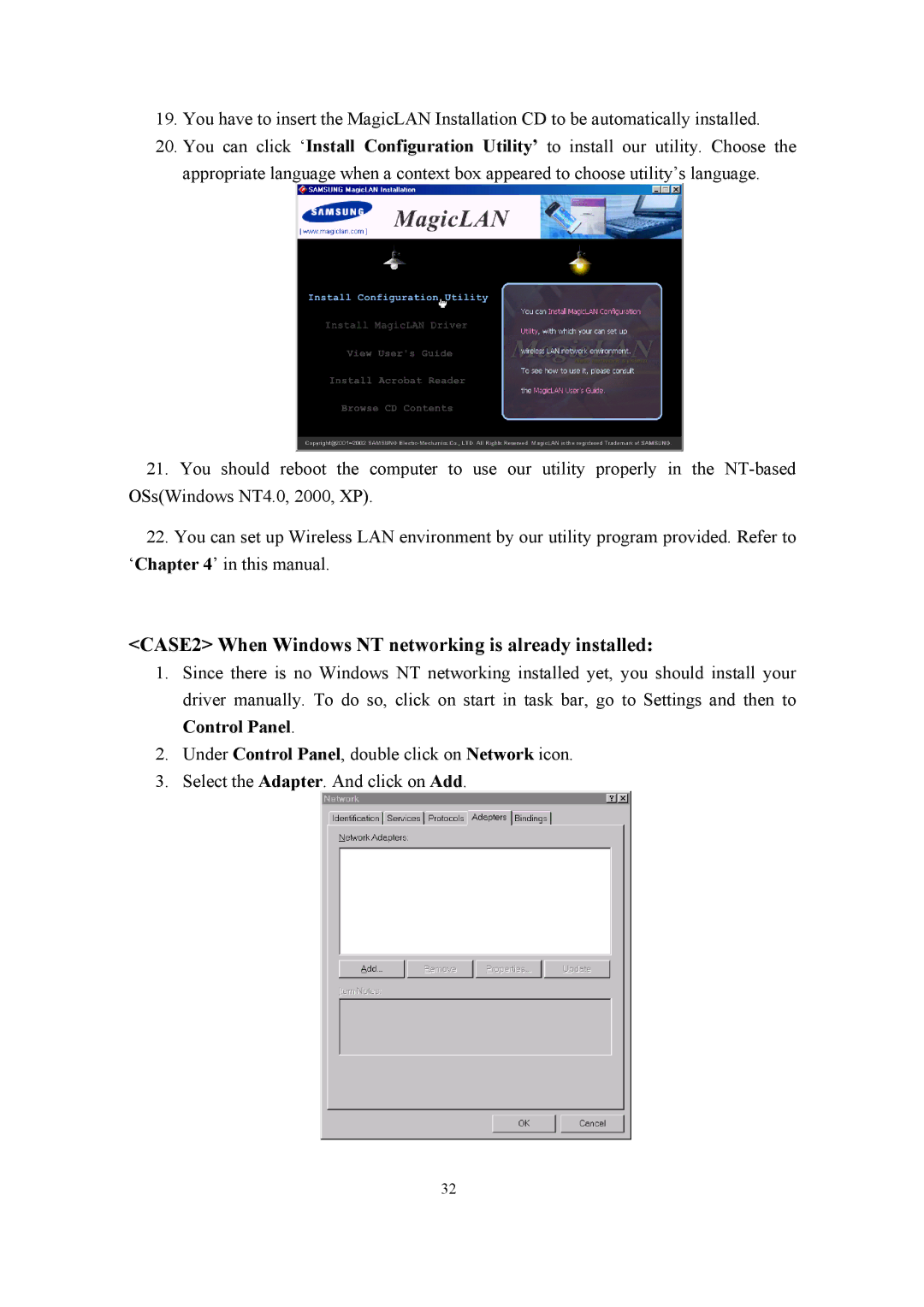 Samsung SWL-2100N user manual CASE2 When Windows NT networking is already installed 