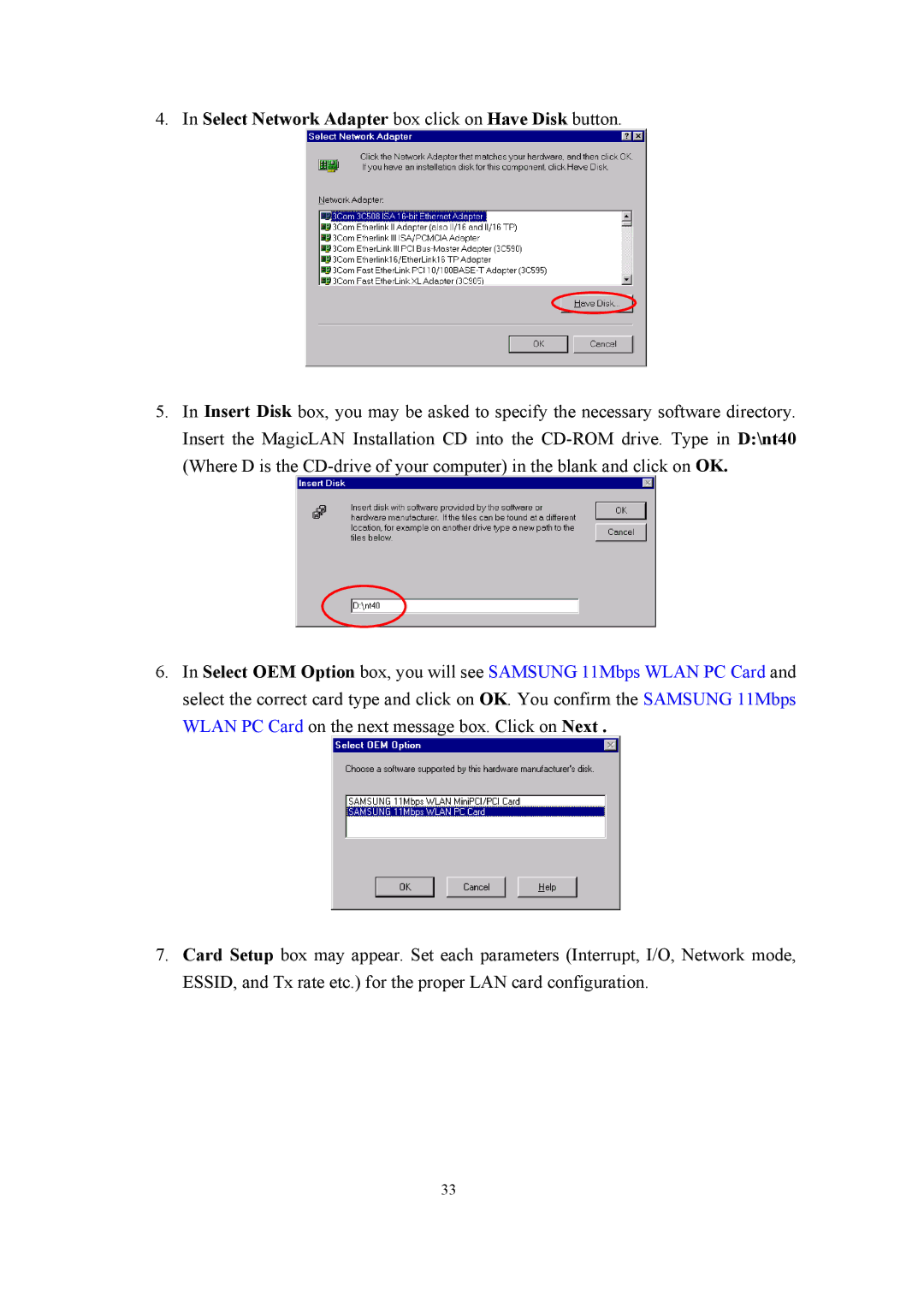 Samsung SWL-2100N user manual Select Network Adapter box click on Have Disk button 