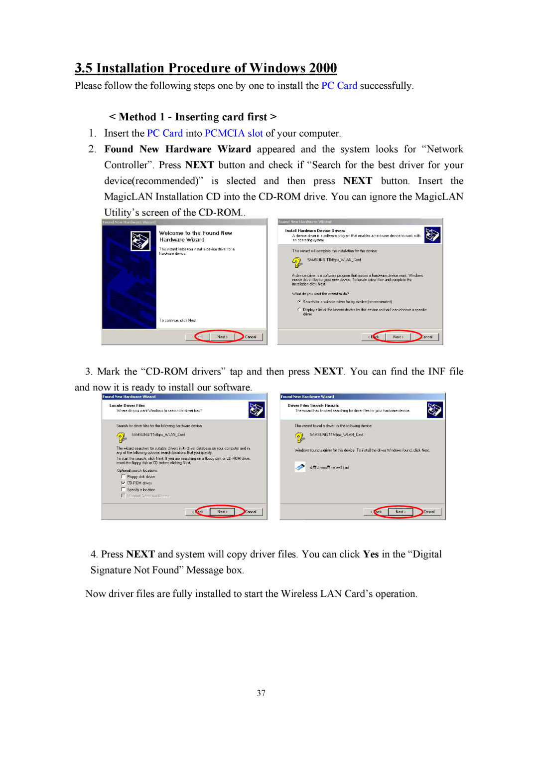 Samsung SWL-2100N user manual Installation Procedure of Windows 