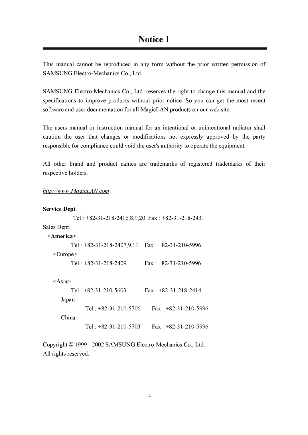 Samsung SWL-2100N user manual Service Dept, America 