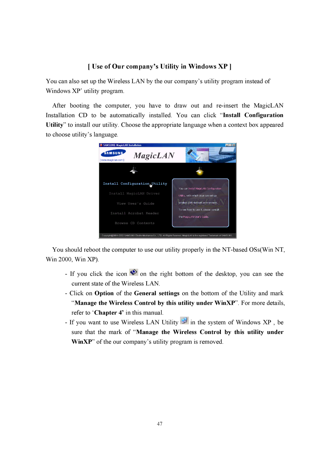 Samsung SWL-2100N user manual Use of Our company’s Utility in Windows XP 