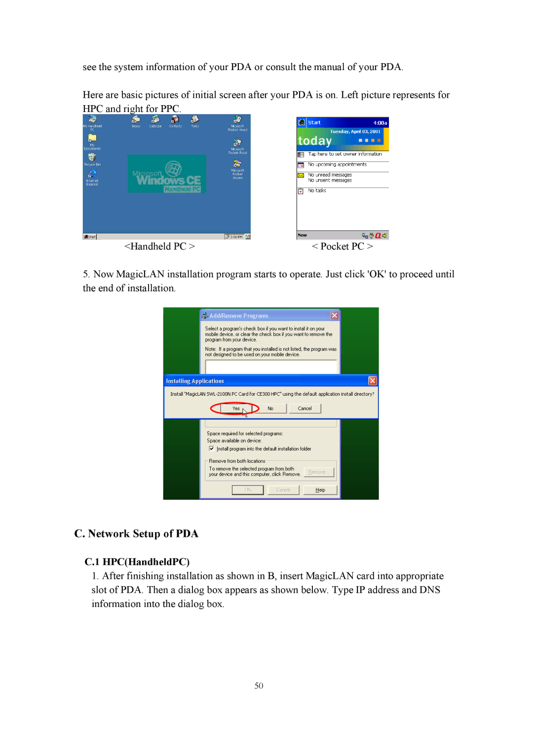 Samsung SWL-2100N user manual Network Setup of PDA, HPCHandheldPC 