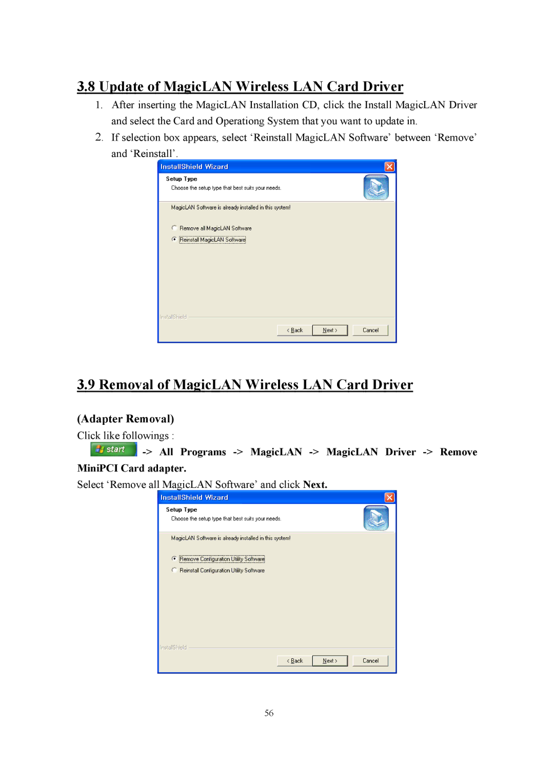 Samsung SWL-2100N user manual Update of MagicLAN Wireless LAN Card Driver, Removal of MagicLAN Wireless LAN Card Driver 