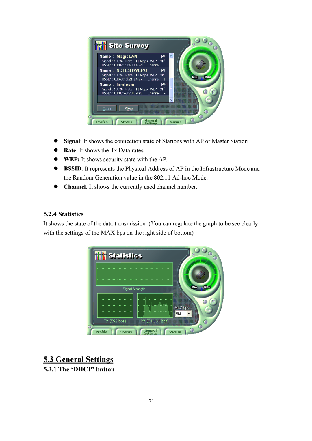 Samsung SWL-2100N user manual General Settings, Statistics, ‘DHCP’ button 